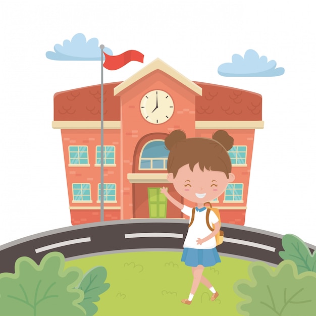 School building and girl cartoon