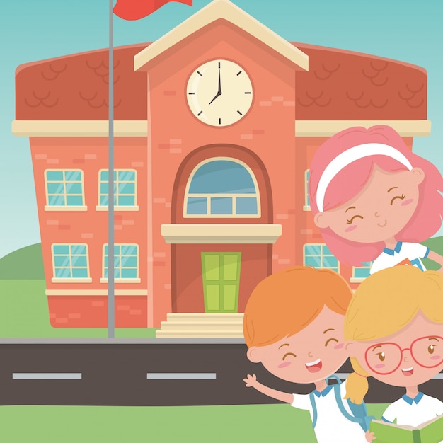School Building and Kids – Free Vector Templates