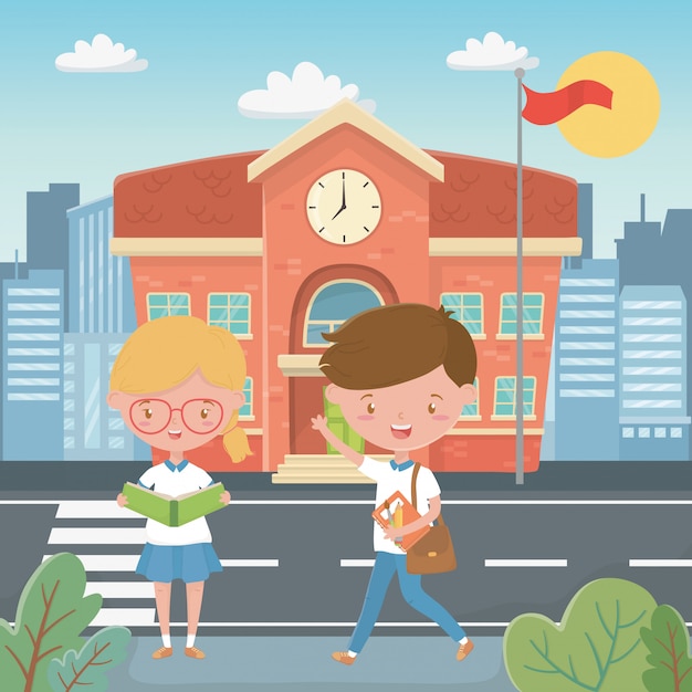 School building and kids – Free vector download