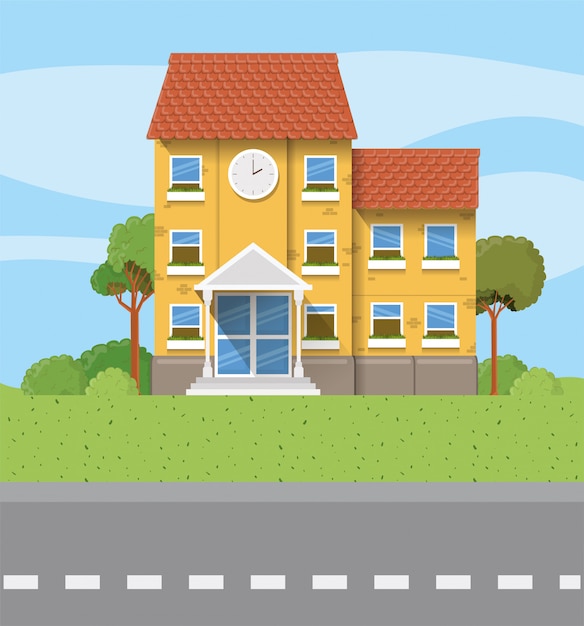 Free vector school building in the road scene