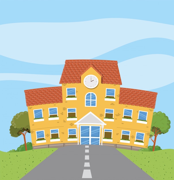 School Building in the Road Scene – Free Vector Download