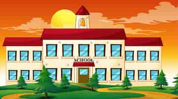 Free vector school building sunset scene