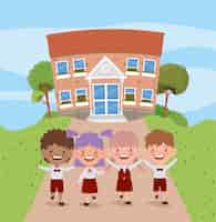 Free vector school building with interracial kids in the road scene