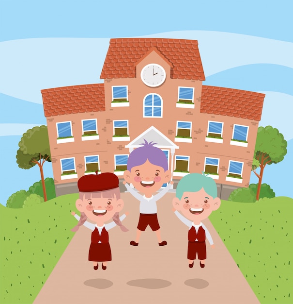 School building with kids in the road scene