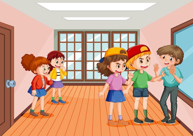 Vettore gratuito bullismo scolastico con personaggi dei cartoni animati degli studenti