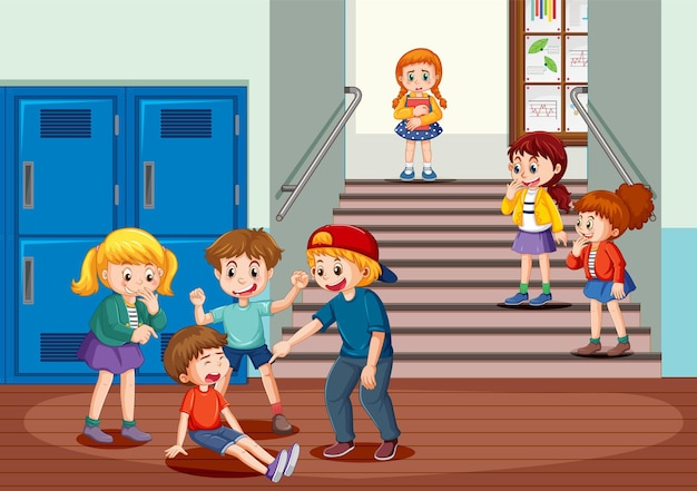 Vettore gratuito bullismo scolastico con personaggi dei cartoni animati degli studenti