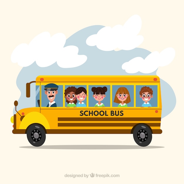 평면 디자인의 스쿨 버스 및 어린이