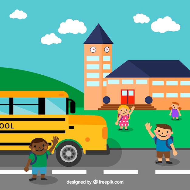 Бесплатное векторное изображение Школьный автобус и дети с плоским дизайном
