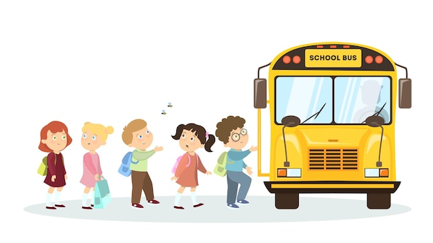 Школьный автобус и дети Изолированный персонаж мультфильма на белом фоне