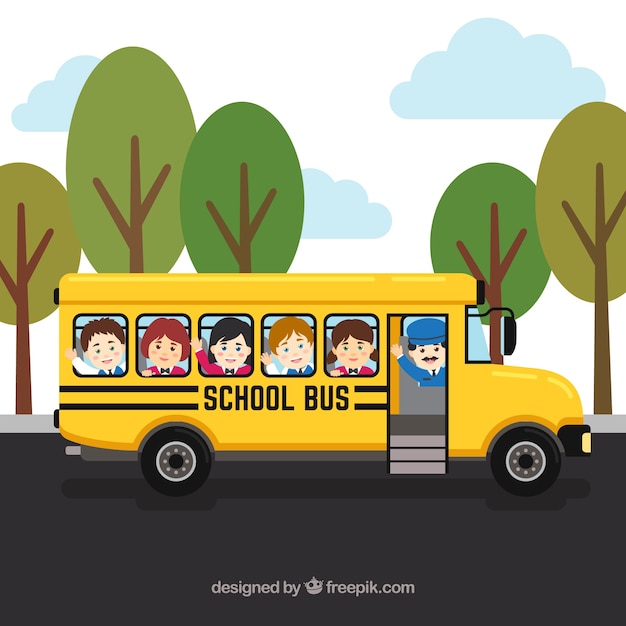 Scuolabus e bambini con design piatto