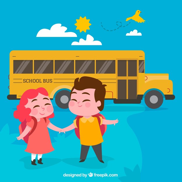 Школьный автобус и дети с плоским дизайном