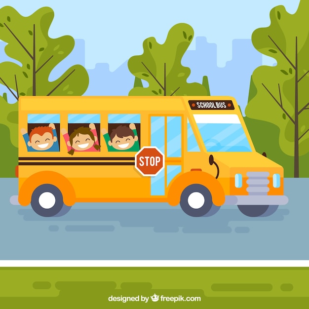 School bus and children with flat design