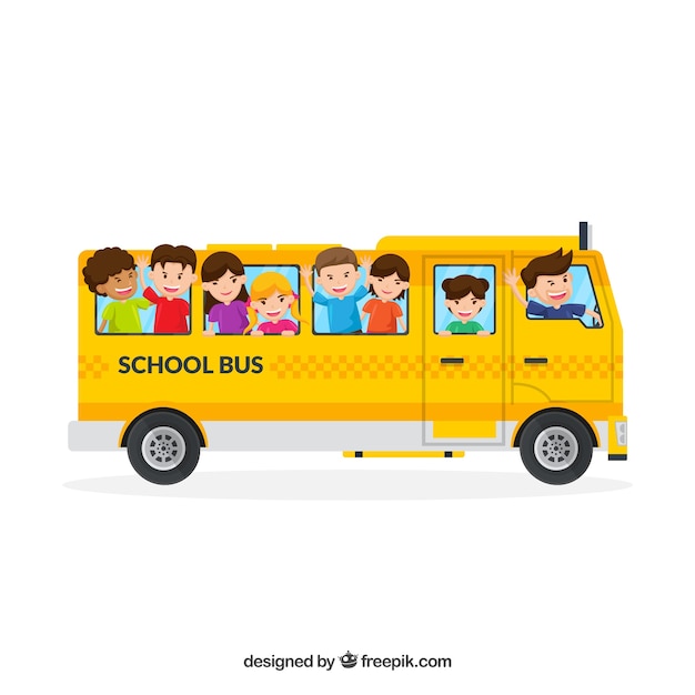 School bus and children with flat design