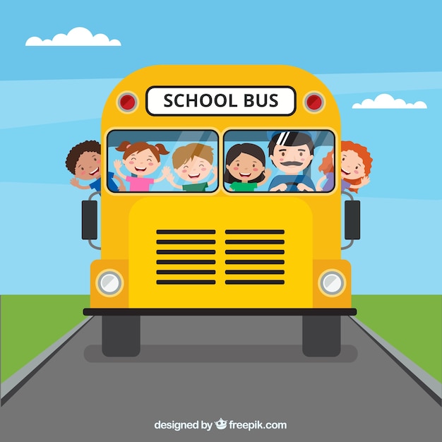 School bus and children with flat design