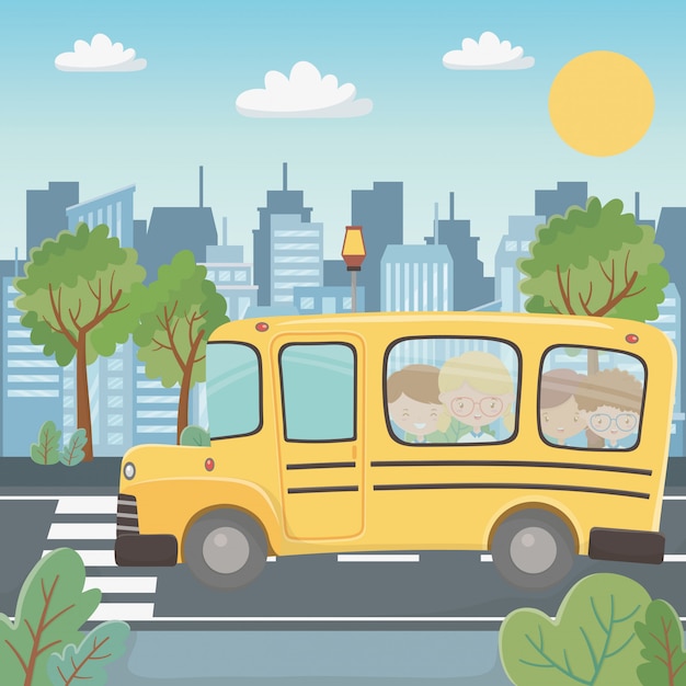 Free vector school bus and kids