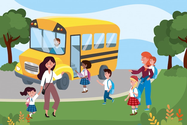 School bus and mothers with their girls and boys students