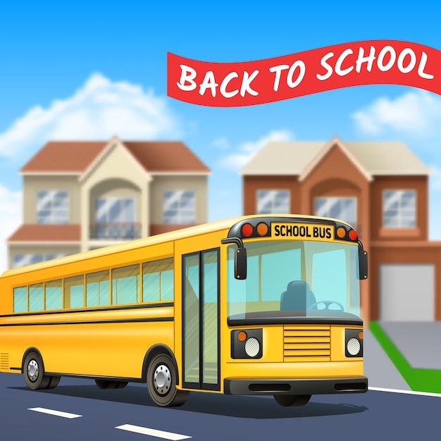 School Bus on Street with Back to School Title Road and Houses Realistic Free Vector Download