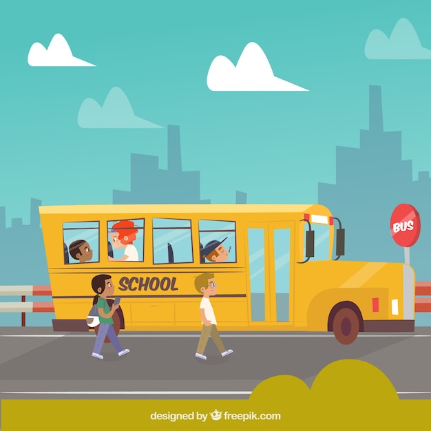 Школьный автобус и студенты с плоским дизайном