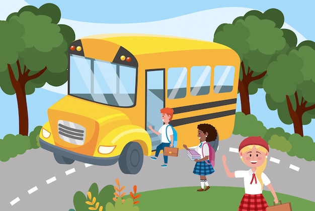Vettore gratuito scuolabus con ragazze e ragazzi studenti