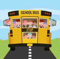 Free vector school bus with kids in the road