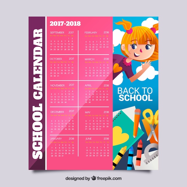 School calendar 2017-2018 with girl and materials