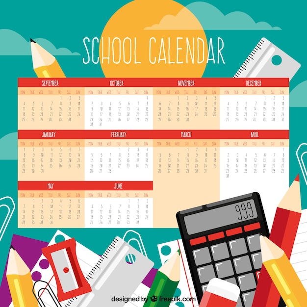 Vettore gratuito sfondo del calendario scolastico con i materiali