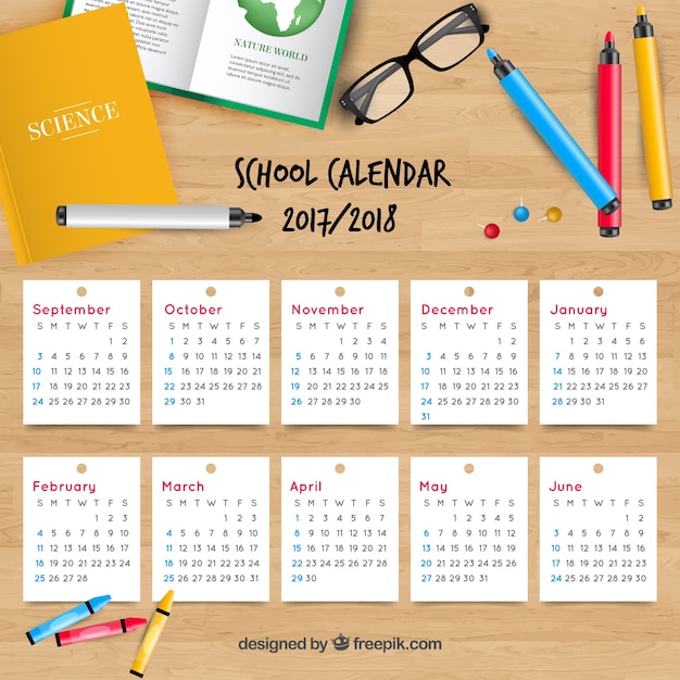 Vettore gratuito collezione di calendario scolastico con materiali