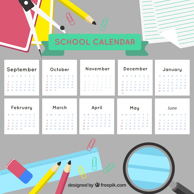 Vettore gratuito calendario scolastico e elementi scolastici