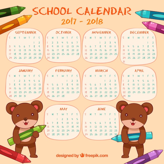 School calendar of teddy bears with crayons