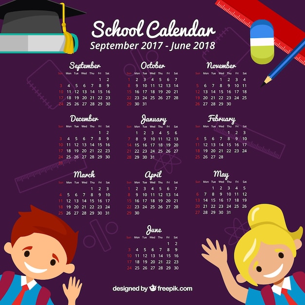 School calendar with children greeting