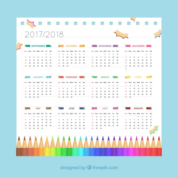 School calendar with colorful pencils