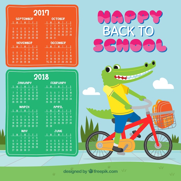 Free vector school calendar with crocodile riding bicycle