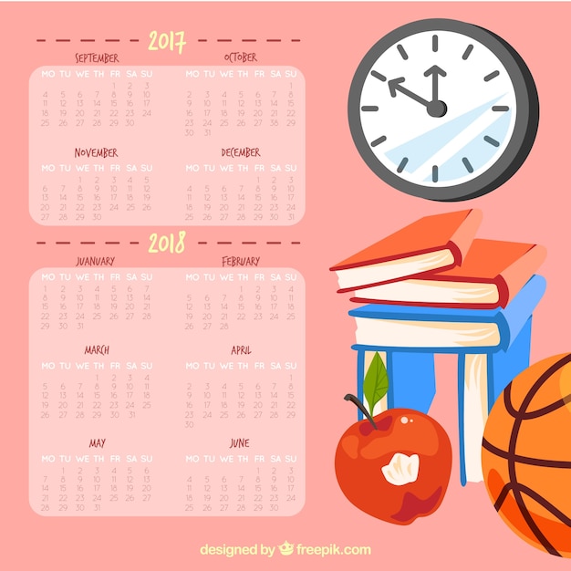 Calendario scolastico con diversi elementi della scuola