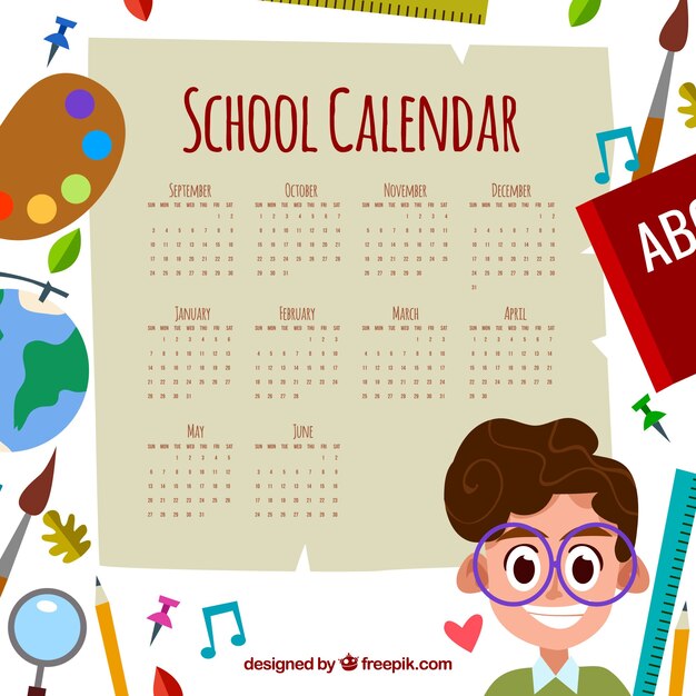 Vettore gratuito calendario scolastico con elementi e ragazzo felice