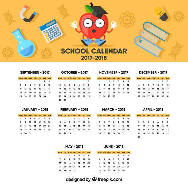 Школьный календарь с забавным яблоком и материалами