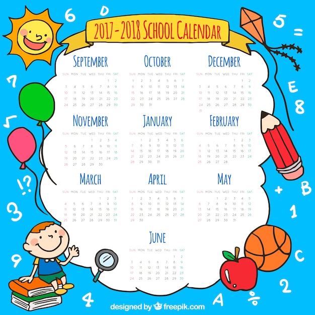 Vettore gratuito calendario scolastico con elementi disegnati a mano