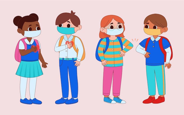 Free vector school children greeting in the new normal