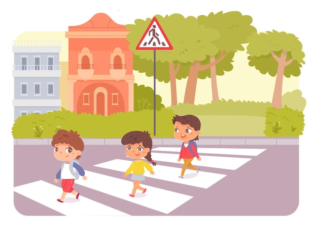 Vettore gratuito i pedoni dei bambini delle scuole che attraversano la strada della città sulla sicurezza delle zebre camminano all'incrocio personaggi di ragazze e ragazzi carini che camminano al sicuro attraverso lo sfondo del paesaggio urbano della strada