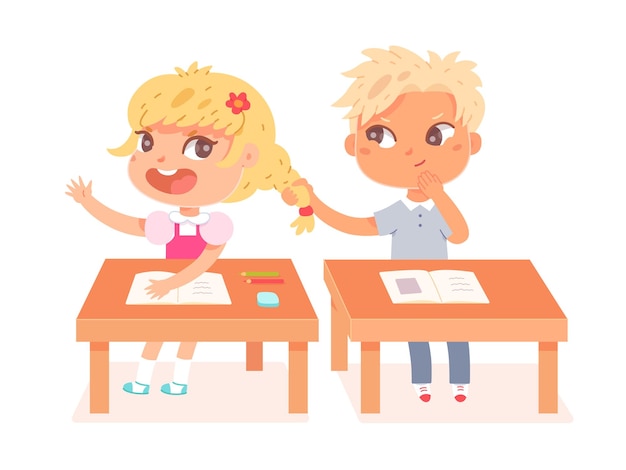 無料ベクター 学校の子供たちは教室での授業の勉強中にゲームをします漫画面白い友達の生徒は白で隔離されたクラスの机に座って楽しい子供を持っています