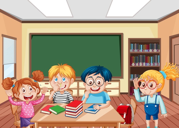 Vettore gratuito scena dell'aula scolastica con il personaggio dei cartoni animati degli studenti felici