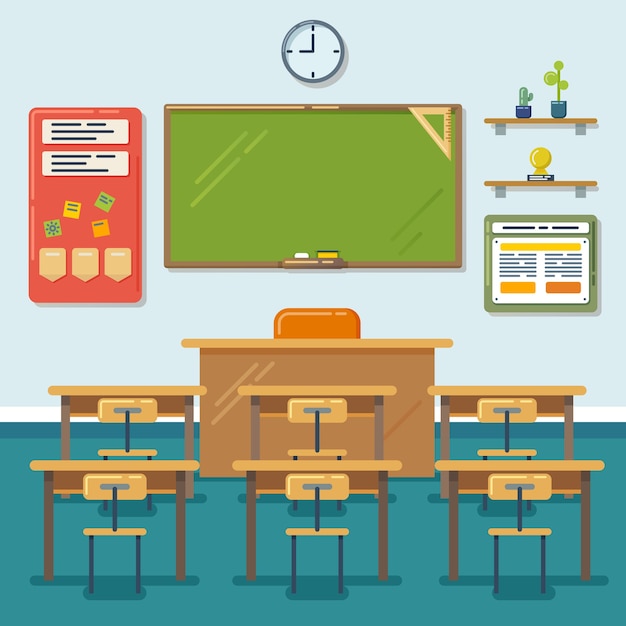 School classroom with chalkboard and desks. class for education, board, table and study, blackboard and lesson. vector flat illustration