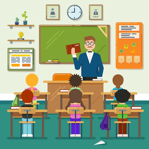 초등학생, 학생 및 교사와 함께 학교 교실. 벡터 평면 그림입니다. 교실 교육, 학동 교실, 수업 교실