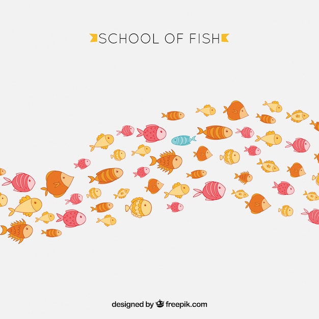 School of colorful fishes background in hand drawn style