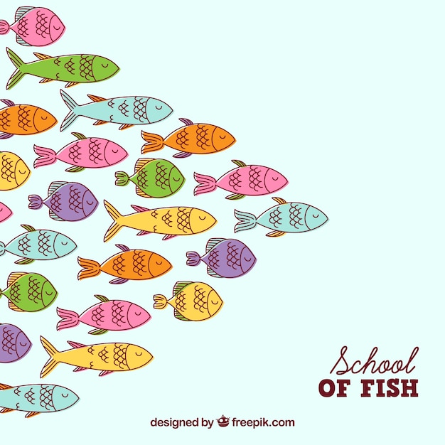 Free vector school of colorful fishes background in hand drawn style