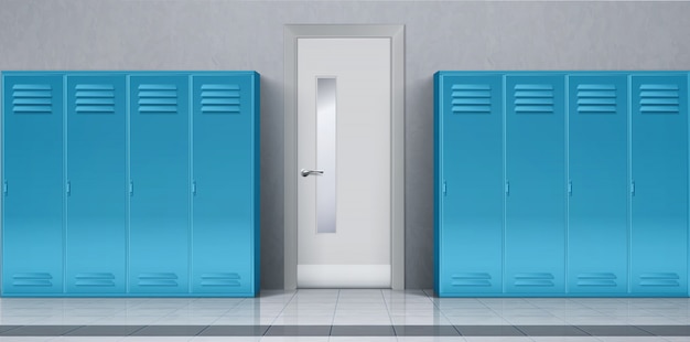 School corridor with blue lockers and closed door
