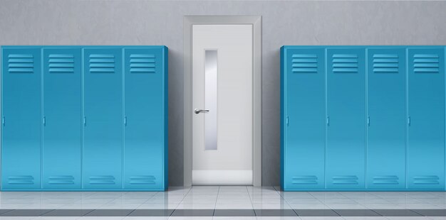 Школьный коридор с синими шкафчиками и закрытой дверью