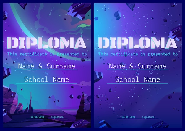 School diploma with alien planet in space design