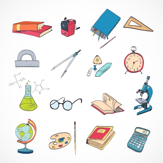 Free vector school education elements icons set with microscope drawing compasses stationery isolated vector illustration