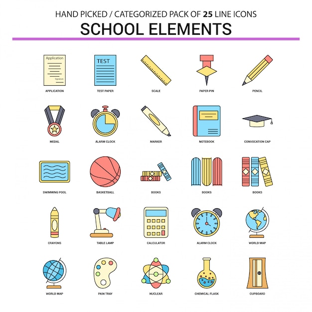 Free vector school elements flat line icon set