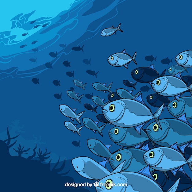 Free vector school of fishes background in hand drawn style
